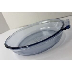 Vtg PYREX Blue Glass Pie Plate 7" Round‎ Handled Baking Dish USA Flame Ware